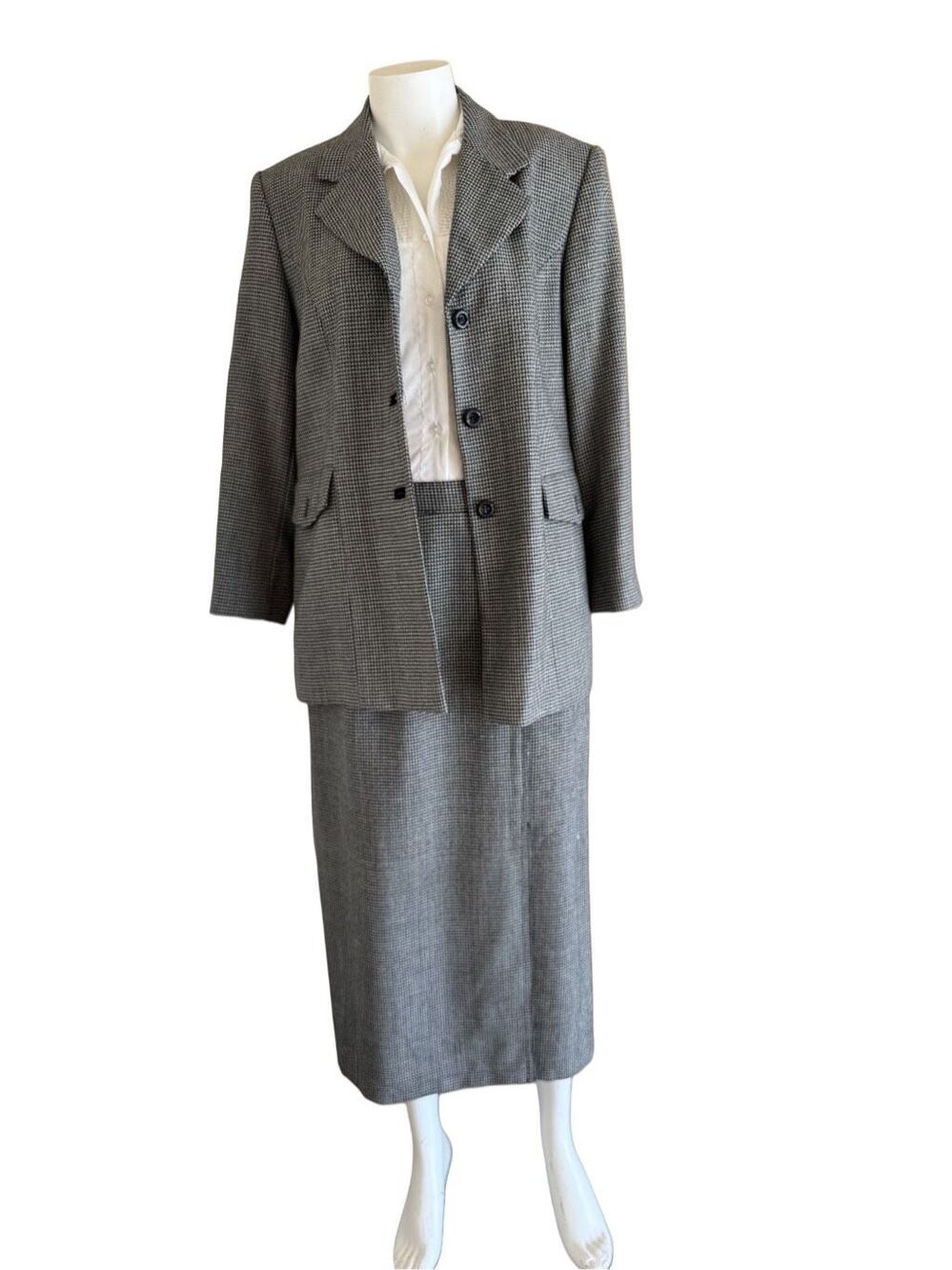 Conrad C Collection 100% wool 2 pc set blazer skirt  black white houndstooth L 1